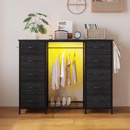 LUMTOK 2-in-1 Dresser with Hanging Rack, 10 Drawers Dresser for Bedroom,Dressers with Fabric Drawers,LED Lights, Charging Station and Hanging Racks for Bedroom (Pink)