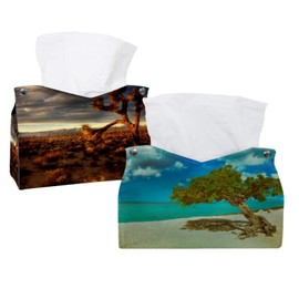 2 Pack Tissue Box Cover Holder, Divi Tree Blue Sea Rectangle Leather Tissue Case, Decorative Organizer for Tabletop, Bathroom, Car, Office