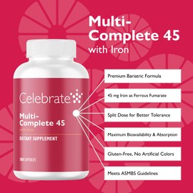 Celebrate Vitamins Multi-Complete, 45mg Iron – Daily Bariatric Multivitamin for Sleeve Gastrectomy and Gastric Bypass Surgery Patients – Essential Vitamins & Minerals (180 Capsules)