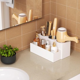 HIIMIEI Organizador de herramientas para el cabello, soporte acrílico para secador de pelo, soporte de almacenamiento para secador en encimera de baño, organizador de tocador para accesorios