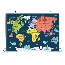 Loccor 5x4ft Fabric Animal World Map Backdrop Map of The World Cute Animals Colorful Background Kids Nursery Educational Classroom Poster Cartoon Tapestry Birthday Party Decor Online Teaching Props
