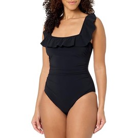 Profile by Gottex Womens Tutti Recycled Square Neck Ruffle One Piece Swimsuit, Black, 14 US