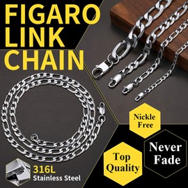 ChainsHouse 4 / 6 / 9 / 13 mm Figaro Chain Fashion Necklace, Stainless Steel / Silver / 18K Gold Plated / Black, Cool Necklace (14 Inch - 30 Inch) for Model / Hip / Pop / Rapper, Men and Women, Stainless Steel, 02 Silver