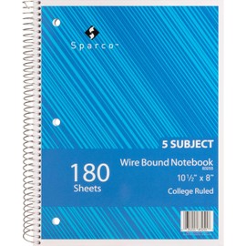 Sparco 83255 Notebooks,5 Subject,10-1/2-Inch x8-Inch,College Ruled,180 Sht,AST