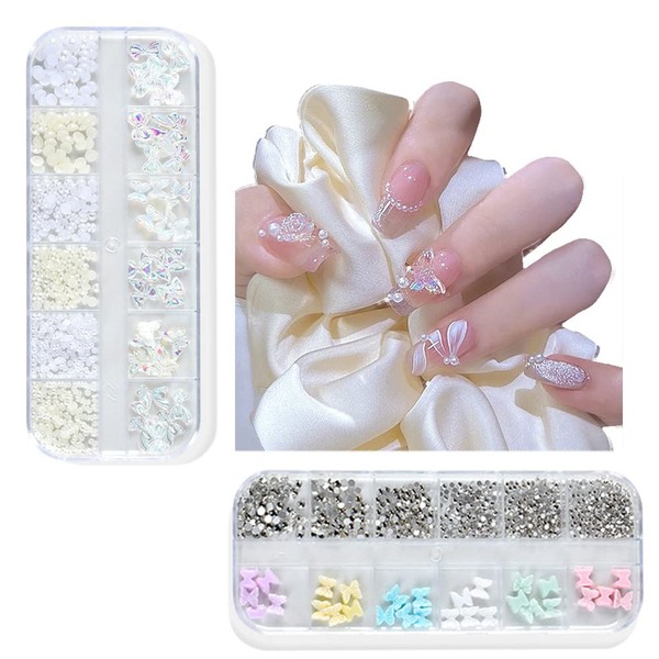 3D Nail Charms 2 Boxes Pearl Nail Gems and Rhinestones Mixed Butterfly Nail Charms for Nail Art DIY Jewelry Accessories Crafting
