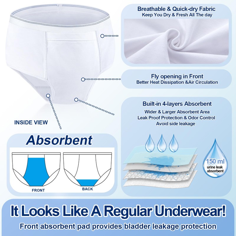 Blosssound 6 Pack Men's Incontinence Underwears Reusable Washable Leak Proof