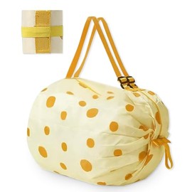 BOYSSPAA Japan Creative Portable Tote Shopping Bag Large Foldable Shopping Tote Bag Foldable Reusable Recycled Grocery Bags Washable and Lightweight Fold Up Shopper (YellowPolkaDotEcoBags)