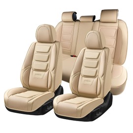 Coverado Car Seat Covers Full Set, Seat Covers for Cars, Front Seat Covers and Back Seat Cover Waterproof Leather Automotive Seat Cover, Universal Car Interior Protectors Cushion for Most Cars Beige