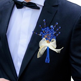 CROWN GUIDE Pearl Boutonniere for Men Wedding, Groom and Groomsmen Boutonniere for Wedding Ceremony Anniversary, Formal Dinner Party, Prom Homecoming Suit Corsage Blue