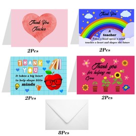 8Pcs Thank You Teacher Cards Thank You Teacher Appreciation Greeting Cards with Envelopes,Thank You Card for Teacher Nursery Teacher Teaching Assistant