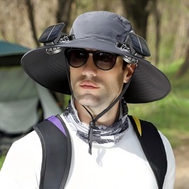 Outdoor Wide Brim Sun Hat with Solar Fan Cooling Solar Fan Hat for Fishing Hiking Camping for Women and Men (US, Alpha, One Size, Dark Grey)
