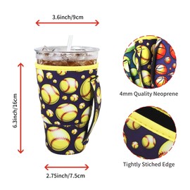 4Pack Reusable Iced Coffee Sleeve Insulator Sleeves for Cold Drinks Beverages, Neoprene Cup Holder for Most Coffee, Fits 30-32oz Large Cups (Play Ball with Handle)