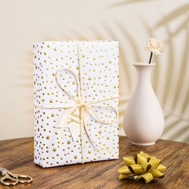 Flyhill White Kraft Eid Wrapping Paper Roll - 17x197Inch - Gold 3D Foil Stars & Polka Dots Gift Wrap Paper Design for Birthdays, Weddings, Baby Showers, Holidays
