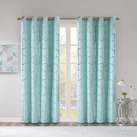 Intelligent Design Raina Total Blackout Metallic Print Grommet Top Single Window Curtain Panel Thermal Insulated Light Blocking Drape for Bedroom Living Room and Dorm 1 Piece, 50x84, Aqua/Silver