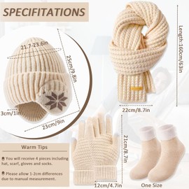 Saier tbo 4 Packs Women Winter Hat Scarf Gloves Socks Set, Fleece Lined Beanie Hat with Ear Covers Warm Touch Screen Gloves Long Knit Scarf Warmer Stocking for Girls Winter Accessories Cold Weather