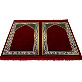 Modefa Turkish Islamic Prayer Rug - Wide Velvet Praying Mat - Multi Person Muslim Janamaz Sajada for Family - Group Praying Carpet - Solid 2 Person (Red)