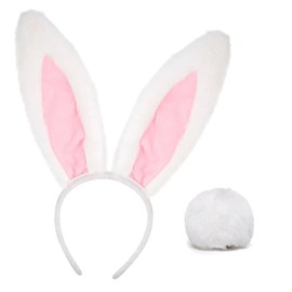 White Bunny Ears Headband with Bunny Tail Rabbit Headband Easter Party Furry Bunny Costumes (Ears+Tail)