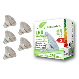 greenandco 5x CRI 97+ MR16 GU5.3 LED Spotlight, 6 W, 360 lm, 110°, 2700 K, Warm White, 12 V AC/DC, Not Dimmable, 2 Year Warranty