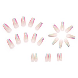 Press On Nails Coffin Medium Aurora Rainbow Glossy Full Cover Glue on Nails with Designs Colorful Chrome Artificial Acrylic Nails Kit for Women Manicure 24Pcs