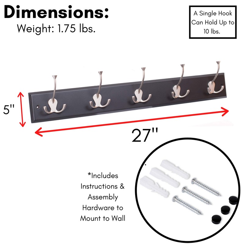 BIRDROCK HOME Tri Hook Coat Rack - 5 Hooks -
