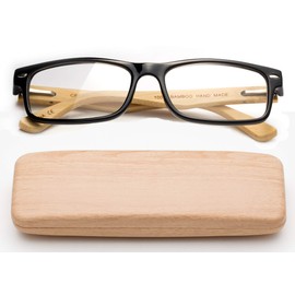 Real Bamboo Reading Glasses Spring Hinge Genuine Bamboo Rectangular Reader w/Case