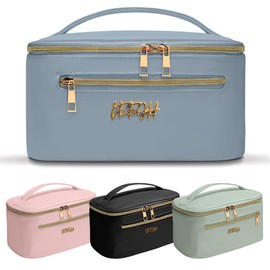 Leesh & CO Makeup Bag - Large Travel Cosmetic Organizer with Brush Holders for Women - Eco-Friendly Vegan Leather, Waterproof & Durable Cosmetics Bag - Perfect for Toiletries, Beauty Products (Blue)