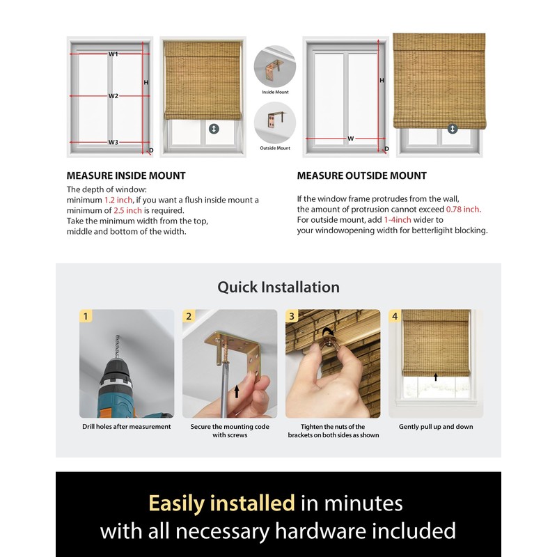 UNISHADES Cordless Bamboo Roman Shades for Windows, Size (26.5" W