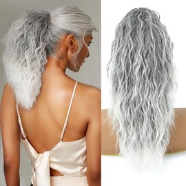 LEDIZE Ponytail Extension, Claw Clip on Pony tails Hair Extension for Women 18 Inch Long Wavy Curly Fake Ponytail Clip in Hair Pieces for Women Fluffy Natural Looking (Omber Grey, 18 Inch)
