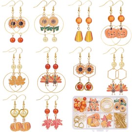 SUNNYCLUE 1 Box of 10 Pairs Autumn Earring Craft Set Thanksgiving Enamel Charms Maple Leaf Pumpkin Sunflower Turkey Thanksgiving Day Charms Autumn Charms Bulk Pack for Jewellery Making Kits