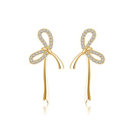 Reffeer Solid 925 Sterling Silver CZ Bow Stud Earrings for Women Teens Ribbon Stud Earrings Bowknot Drops (B-18K Gold)