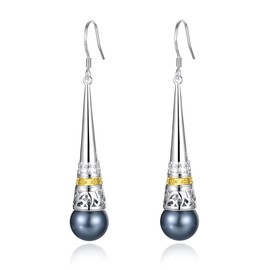 Real 925 Sterling Silver Vintage Drop Earring with Natural 6mm Freshwater Pearl Earrings for MetJakt Women's Fine Jewelry (Tahitian Gray)