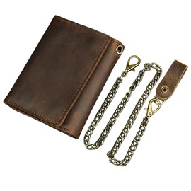 UCCKEYI Men Tri-fold Vintage Leather Biker Chain Wallet With Snap Closur Zipper Purse Brown