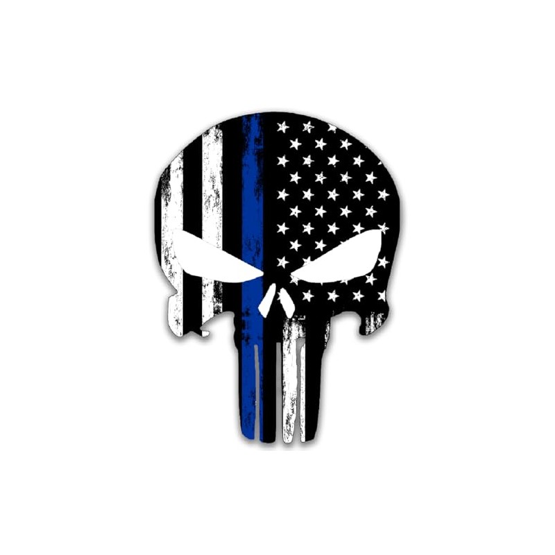 Skull Thin Blue Line Stickers Tattered Subdued US American Flag