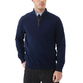 Kallspin Men's Quarter-Zip Sweater Pure Cotton Mock Neck Knit Long Sleeve Pullover Sweater(Navy Blue, L)