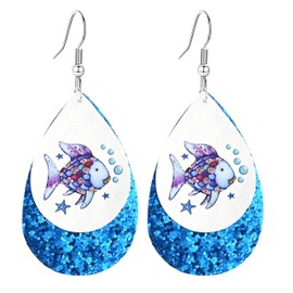 Teacher Earrings for Women Cartoon Animal Glitter Leather Graduation Earrings Elephant Cat Fish Hungry Caterpillar Earring Back to School Jewelry (Blue Fish)