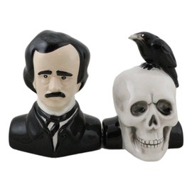 Ebros Gift Gothic Poet Edgar Allen Poe With Black Raven Crow On Skull Decorative Ceramic Salt And Pepper Shakers Figurines Quoth The Raven Nevermore Macabre