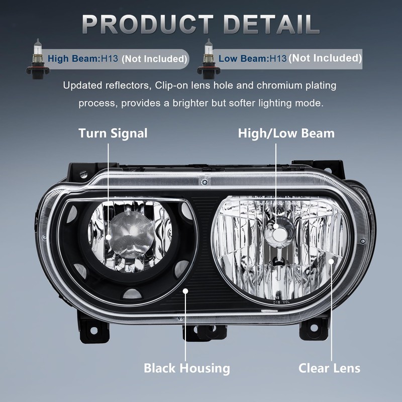 KUIPERAUTO Headlights Assembly Compatible for 2008-2014 Dodge Challenger Black Housing