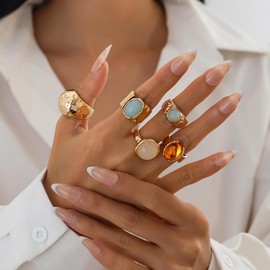 Gmai Chunky Dome Acrylic Ring Set Non Tarnish Stackable Boho Gold Rings Colorful Jewelry for Women Vintage Statement Open Ring (Acrylic Ring Five Piece Set)