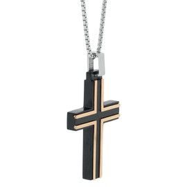Metro Jewelry Timeless Cross Pendant Necklace for Men in Stainless Steel with Black and Rose Plating on 24 Inches Long Box Chain