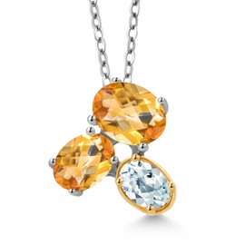925 Silver and 10K Yellow Gold Yellow Citrine and Sky Blue Aquamarine Pendant Necklace For Women (2.50 Cttw, Oval Checkerboard 8X6MM, 7X5MM and 6X4MM, Gemstone November Birthstone, with 18 Inch Chain)