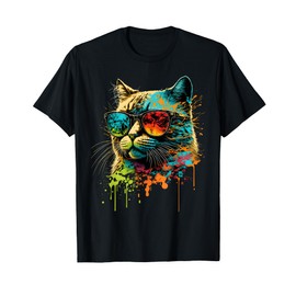 Cat In Sunglasses Abstract Print Rainbow Music Cat T-Shirt