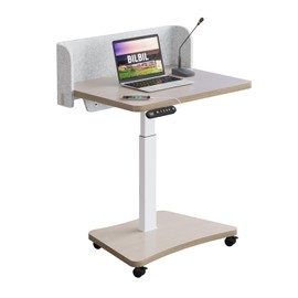 bilbil Electric Height Adjustable Standing Desk, Locking Wheels Overbed Table with 4-Preset Memory, Ergonomic Sit to Stand Mobile Workstation for Home & Office, 31.5x23.6 Inch, Wood Grain Finish