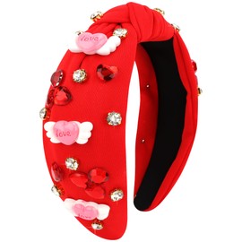 VELSCRUN Valentine Day Headband Heart Headband Wide Top Knot Valentines Headbands for Women Girls Thick Thin Hair Sweetheart Knotted Head Band Jeweled Hair Band Hair Accessories 05