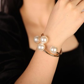 JWICOS Gold Pearl Cuff Bracelet for Women Bangle Bracelet Wide Wrap Chunky Bracelet for Women Open Cuff Bracelet Hinge Bracelet, freesize, Alloy, no gemstone