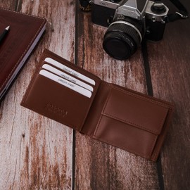 WASAMA Slim Leather Wallet for Men Black, Brown, Vintage Brown | Bifold, Minimalist, Multiple Card Slots | RFID Protection | The Space Saver 2 - Cognac Rich Brown