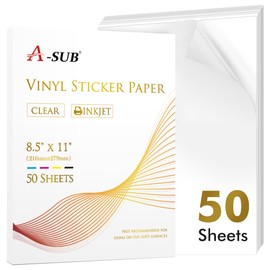 A-SUB Clear Sticker Paper for Inkjet Printers, Waterproof Translucent Printable Vinyl Sticker Paper - 50 Sheets 8.5x11 Inch Glossy Clear Label Paper for Custom Decals