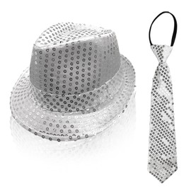 TUONYIS 2 Pieces Jazz Dance Hat Sequin Hat Necktie,Sequin Fedora Hat for Party 70s Disco Costume for Boys Girls Hip-Hop Shiny Disco Hat for Hen Party Night Jazz Dancers. (Silver)