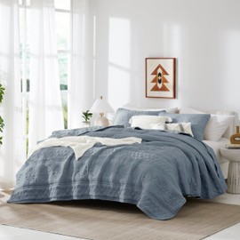 WDCOZY Boho Blue Grey Quilt King Size Bedding Sets with 2 Pillow Shams, Farmhouse Lightweight Soft Bedspread Coverlet for All Season, 3 Pieces, 104x90 inches