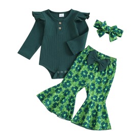 Loalirando Newborn Baby Girl St. Patrick 's Day Outfit Long Sleeve Ruffle Romper Top Clover Flared Pants Headband Set 3pcs Spring Clothes (Green, 0-3 Months)