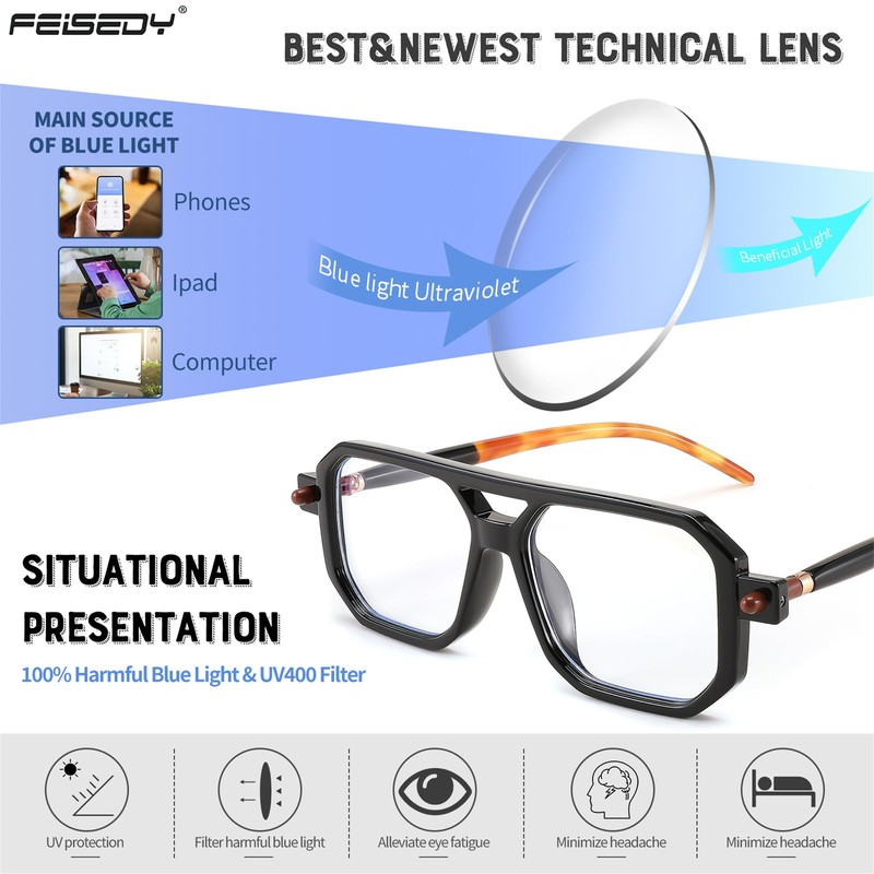 FEISEDY Reading Glasses Vintage Square Blue Light Blocking Glasses Women